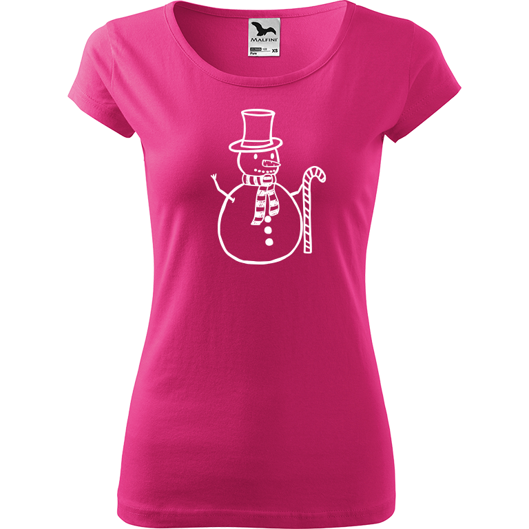 Ručně malované dámské bavlněné tričko - Sněhulák - S ozdobou Barva trička: RŮŽOVÁ, Velikost trička: XS, Barva motivu: BÍLÁ