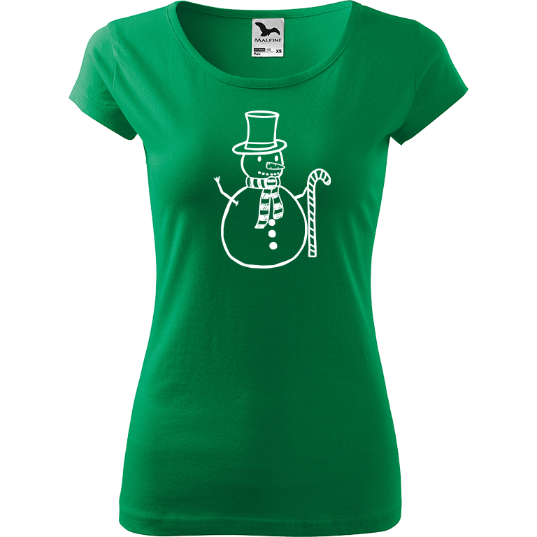 Ručně malované dámské bavlněné tričko - Sněhulák - S ozdobou Barva trička: STŘEDNĚ ZELENÁ, Velikost trička: XL, Barva motivu: BÍLÁ
