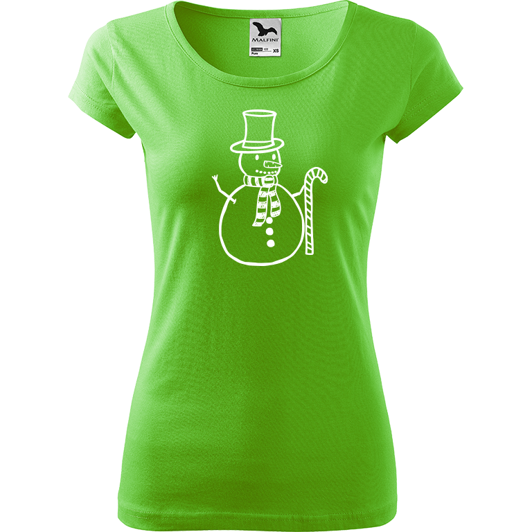 Ručně malované dámské bavlněné tričko - Sněhulák - S ozdobou Barva trička: SVĚTLE ZELENÁ, Velikost trička: XS, Barva motivu: BÍLÁ