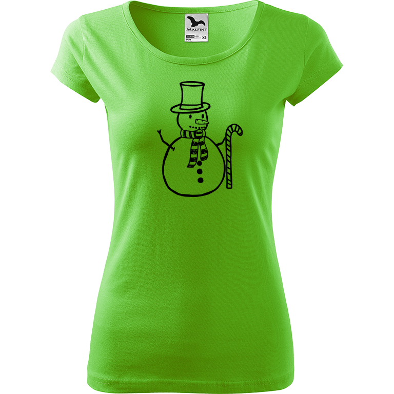 Ručně malované dámské bavlněné tričko - Sněhulák - S ozdobou Barva trička: SVĚTLE ZELENÁ, Velikost trička: XS, Barva motivu: ČERNÁ