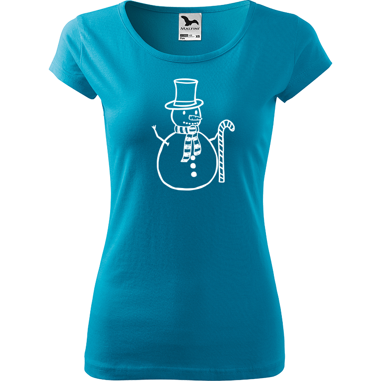 Ručně malované dámské bavlněné tričko - Sněhulák - S ozdobou Barva trička: TYRKYSOVÁ, Velikost trička: XL, Barva motivu: BÍLÁ