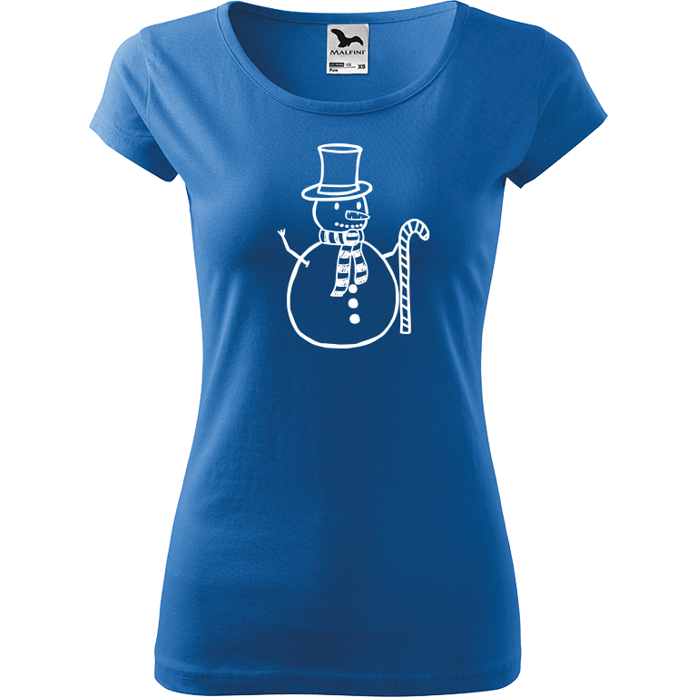 Ručně malované dámské bavlněné tričko - Sněhulák - S ozdobou Barva trička: AZUROVÁ, Velikost trička: XS, Barva motivu: BÍLÁ