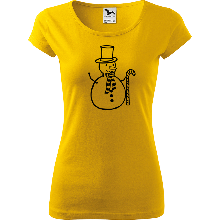 Ručně malované dámské bavlněné tričko - Sněhulák - S ozdobou Barva trička: ŽLUTÁ, Velikost trička: S, Barva motivu: ČERNÁ