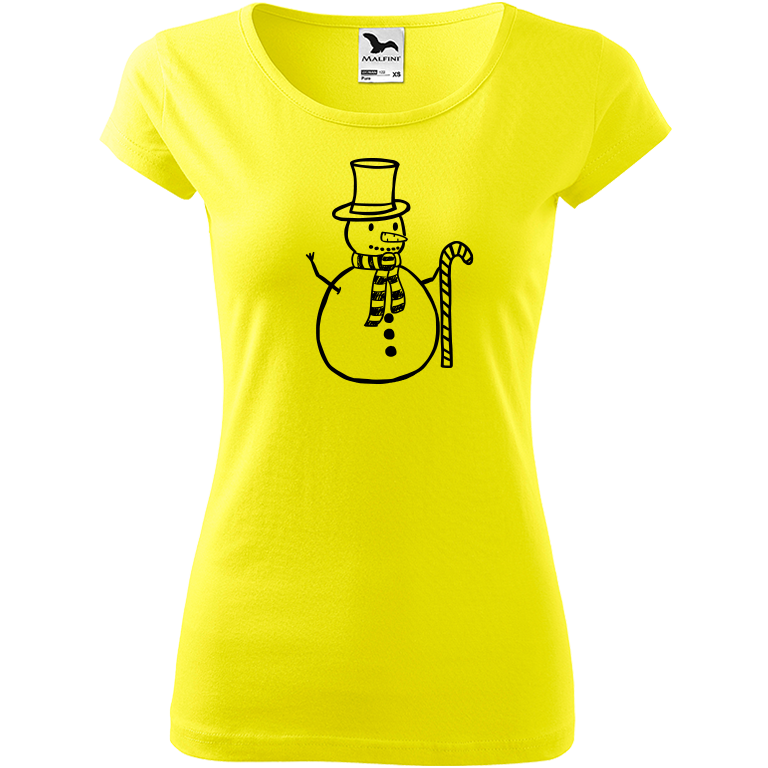 Ručně malované dámské bavlněné tričko - Sněhulák - S ozdobou Barva trička: CITRONOVÁ, Velikost trička: XS, Barva motivu: ČERNÁ