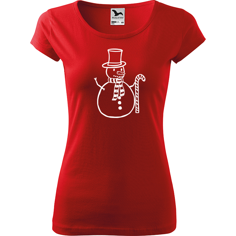 Ručně malované dámské bavlněné tričko - Sněhulák - S ozdobou Barva trička: ČERVENÁ, Velikost trička: XXL, Barva motivu: BÍLÁ