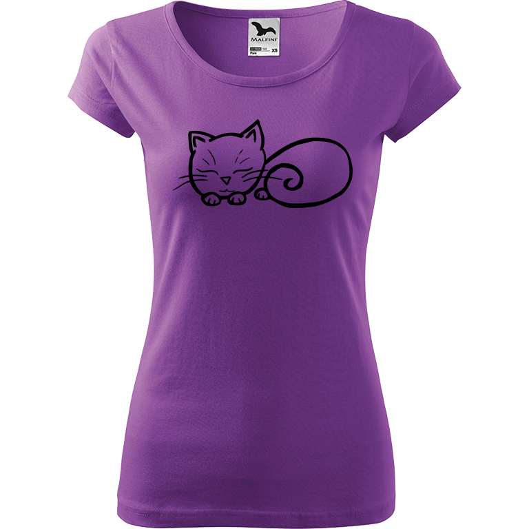 Ručně malované dámské bavlněné tričko - Spící kotě Barva trička: FIALOVÁ, Velikost trička: XXL, Barva motivu: ČERNÁ