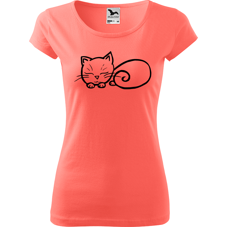 Ručně malované dámské bavlněné tričko - Spící kotě Barva trička: KORÁLOVÁ, Velikost trička: S, Barva motivu: ČERNÁ
