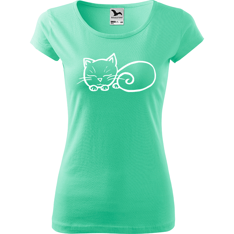 Ručně malované dámské bavlněné tričko - Spící kotě Barva trička: MÁTOVÁ, Velikost trička: L, Barva motivu: BÍLÁ