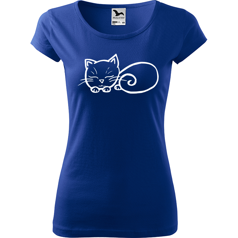 Ručně malované dámské bavlněné tričko - Spící kotě Barva trička: MODRÁ, Velikost trička: S, Barva motivu: BÍLÁ