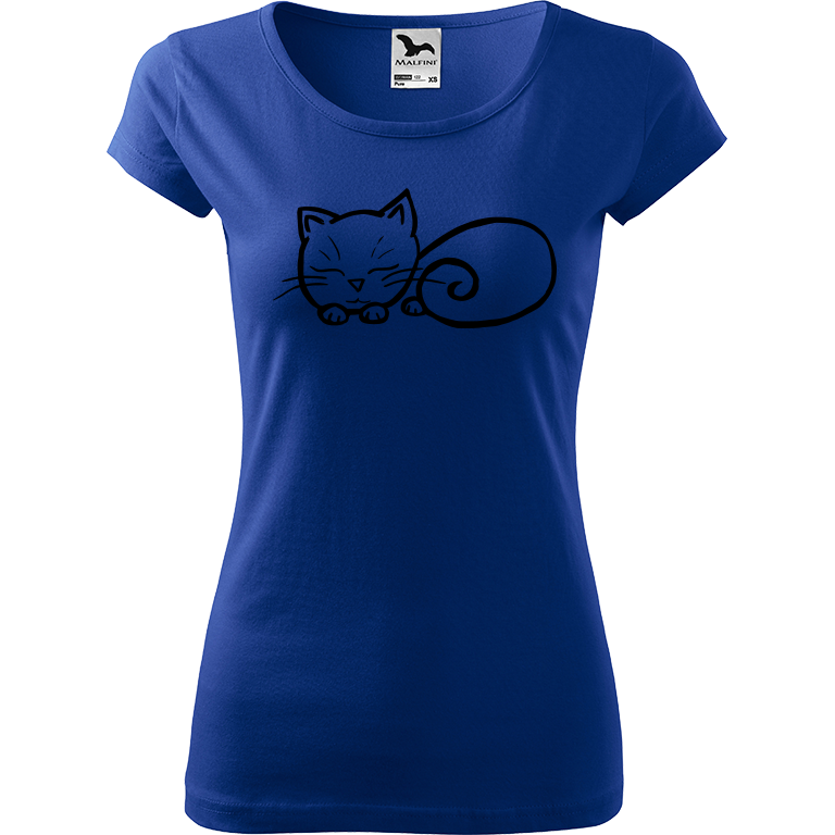 Ručně malované dámské bavlněné tričko - Spící kotě Barva trička: MODRÁ, Velikost trička: XL, Barva motivu: ČERNÁ