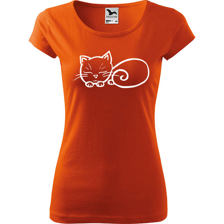 Ručně malované dámské bavlněné tričko - Spící kotě Barva trička: ORANŽOVÁ, Velikost trička: S, Barva motivu: BÍLÁ