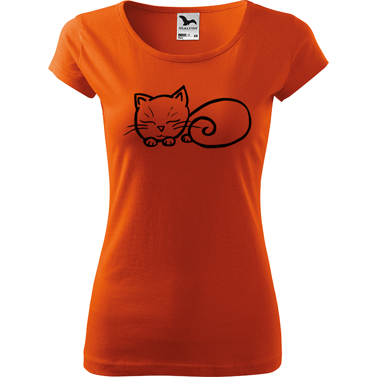 Ručně malované dámské bavlněné tričko - Spící kotě Barva trička: ORANŽOVÁ, Velikost trička: XL, Barva motivu: ČERNÁ