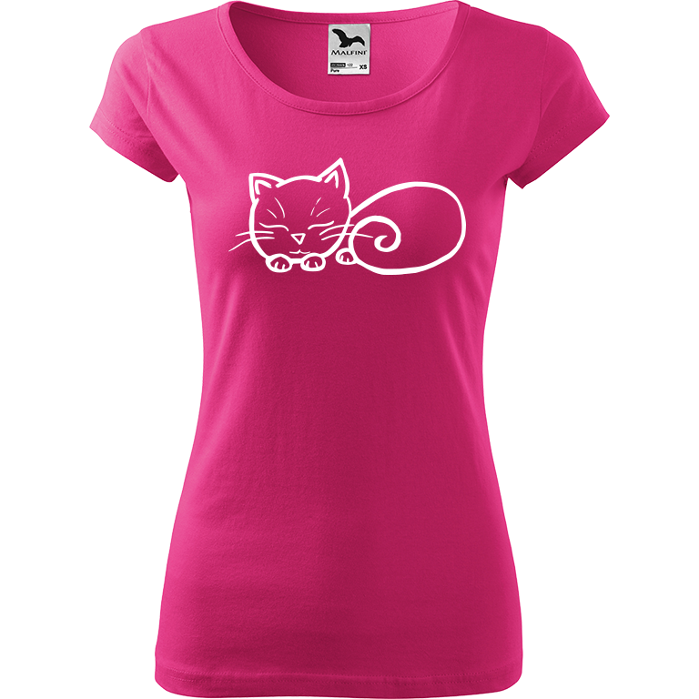 Ručně malované dámské bavlněné tričko - Spící kotě Barva trička: RŮŽOVÁ, Velikost trička: S, Barva motivu: BÍLÁ