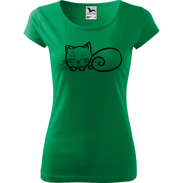 Ručně malované dámské bavlněné tričko - Spící kotě Barva trička: STŘEDNĚ ZELENÁ, Velikost trička: L, Barva motivu: ČERNÁ