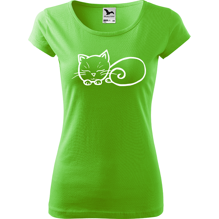 Ručně malované dámské bavlněné tričko - Spící kotě Barva trička: SVĚTLE ZELENÁ, Velikost trička: XL, Barva motivu: BÍLÁ