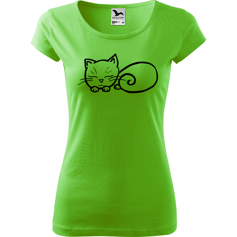 Ručně malované dámské bavlněné tričko - Spící kotě Barva trička: SVĚTLE ZELENÁ, Velikost trička: XL, Barva motivu: ČERNÁ