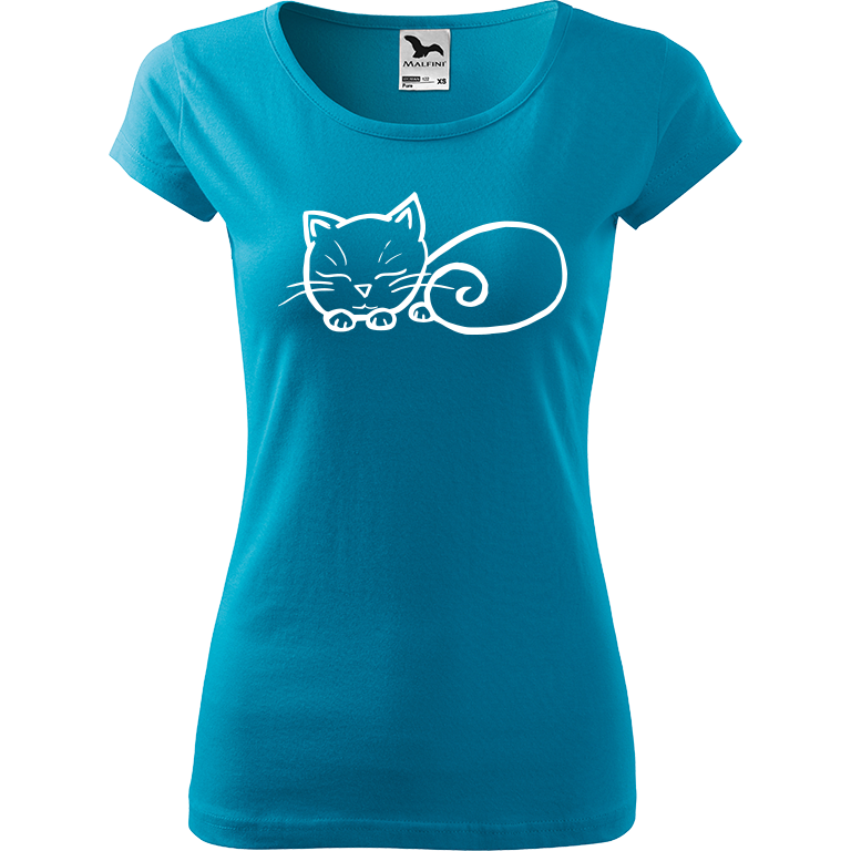 Ručně malované dámské bavlněné tričko - Spící kotě Barva trička: TYRKYSOVÁ, Velikost trička: XS, Barva motivu: BÍLÁ