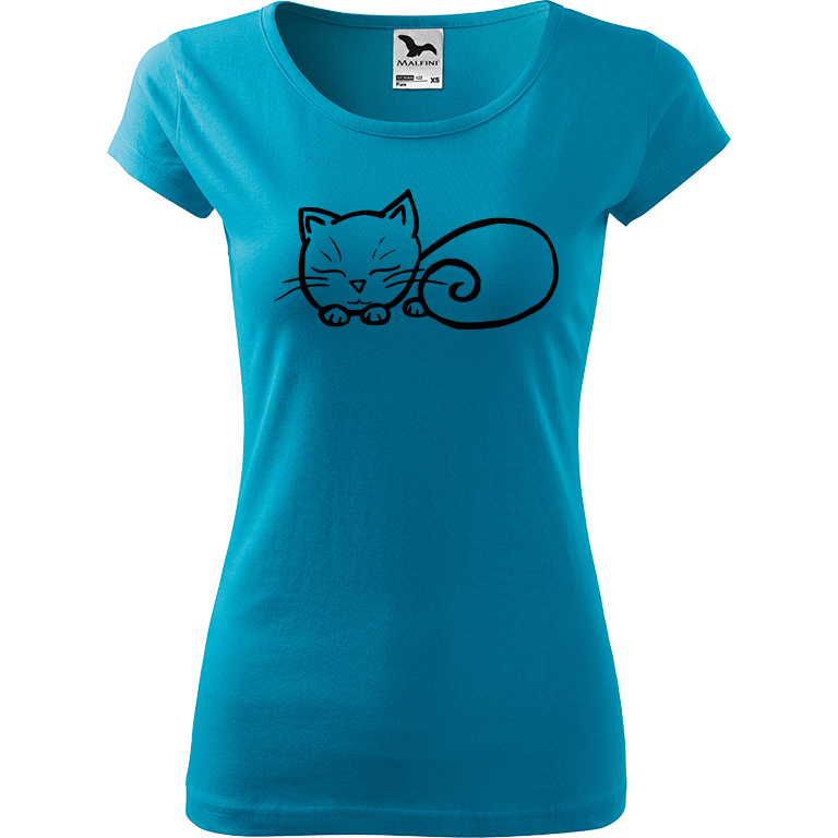 Ručně malované dámské bavlněné tričko - Spící kotě Barva trička: TYRKYSOVÁ, Velikost trička: M, Barva motivu: ČERNÁ