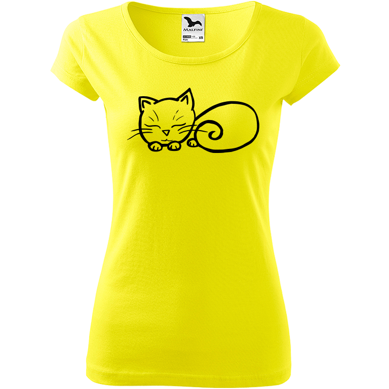 Ručně malované dámské bavlněné tričko - Spící kotě Barva trička: CITRONOVÁ, Velikost trička: XS, Barva motivu: ČERNÁ