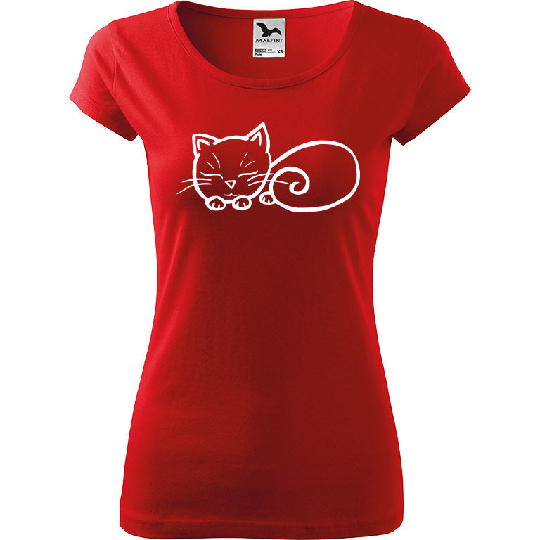 Ručně malované dámské bavlněné tričko - Spící kotě Barva trička: ČERVENÁ, Velikost trička: XXL, Barva motivu: BÍLÁ