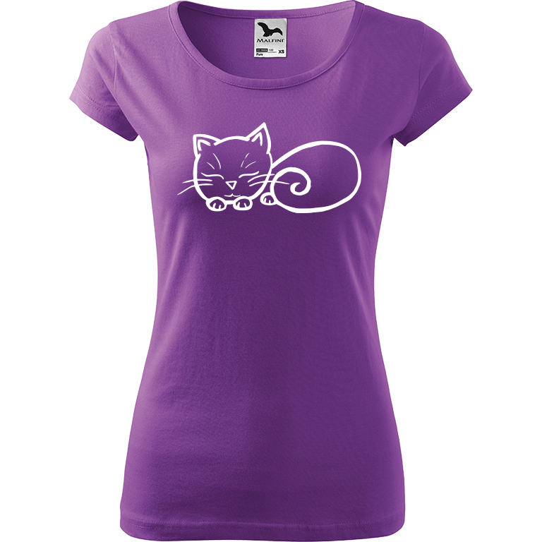 Ručně malované dámské bavlněné tričko - Spící kotě Barva trička: FIALOVÁ, Velikost trička: XS, Barva motivu: BÍLÁ