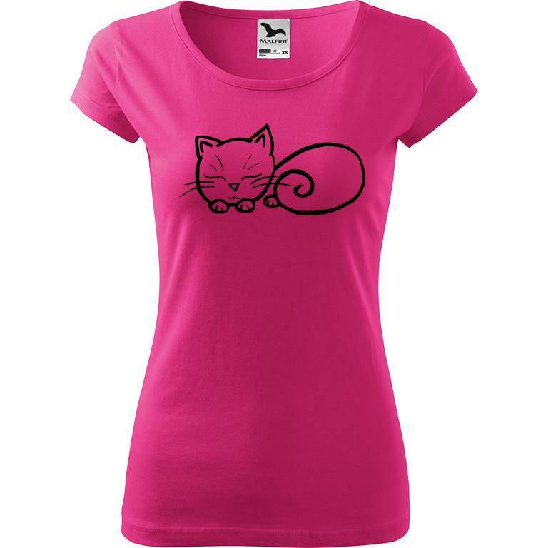Ručně malované dámské bavlněné tričko - Spící kotě Barva trička: RŮŽOVÁ, Velikost trička: S, Barva motivu: ČERNÁ