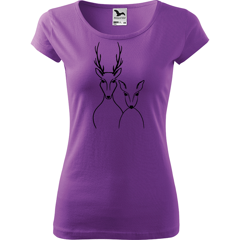 Ručně malované dámské bavlněné tričko - Srnka & Jelen Barva trička: FIALOVÁ, Velikost trička: XS, Barva motivu: ČERNÁ