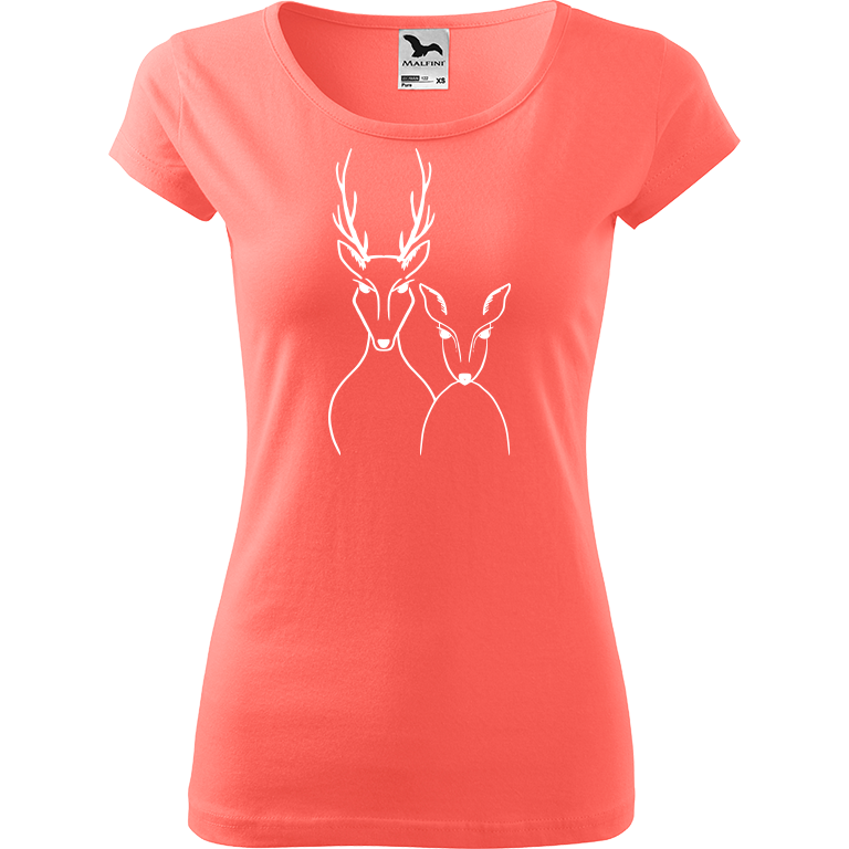 Ručně malované dámské bavlněné tričko - Srnka & Jelen Barva trička: KORÁLOVÁ, Velikost trička: XL, Barva motivu: BÍLÁ