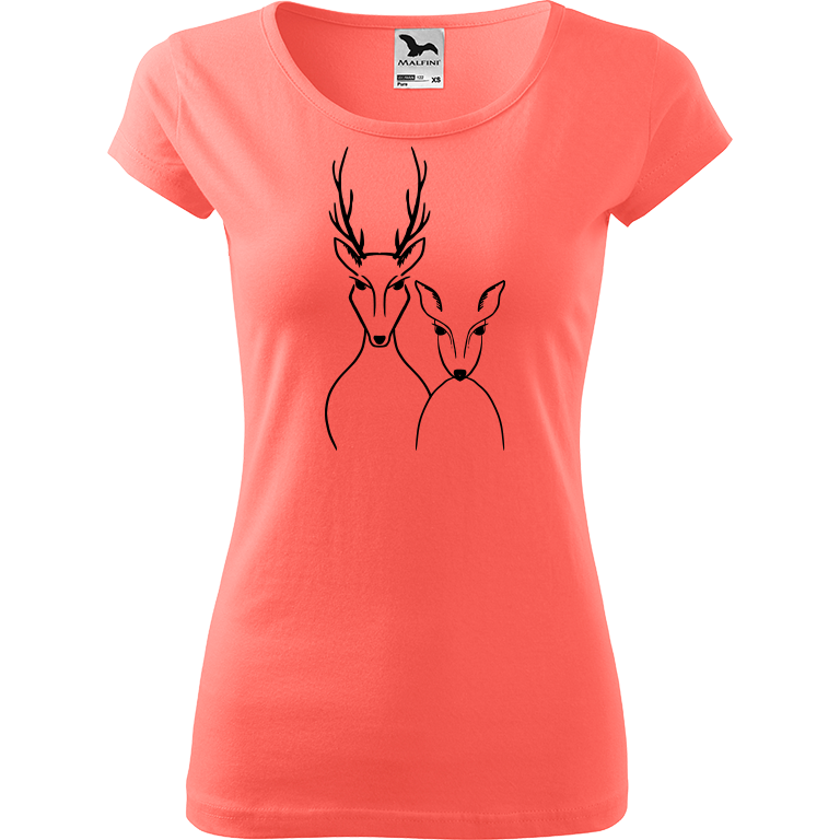 Ručně malované dámské bavlněné tričko - Srnka & Jelen Barva trička: KORÁLOVÁ, Velikost trička: XL, Barva motivu: ČERNÁ