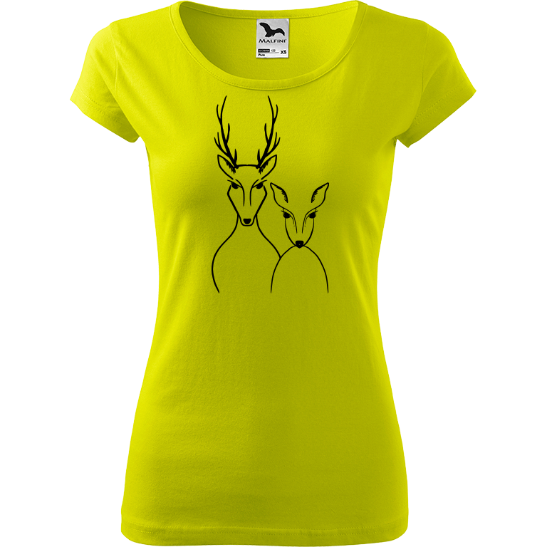 Ručně malované dámské bavlněné tričko - Srnka & Jelen Barva trička: LIMETKOVÁ, Velikost trička: M, Barva motivu: ČERNÁ