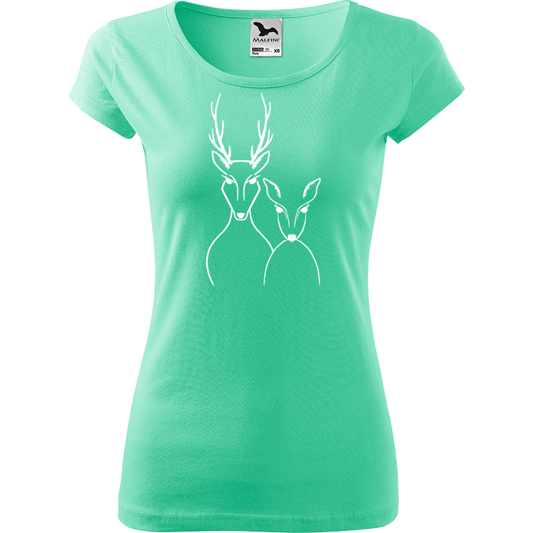 Ručně malované dámské bavlněné tričko - Srnka & Jelen Barva trička: MÁTOVÁ, Velikost trička: M, Barva motivu: BÍLÁ