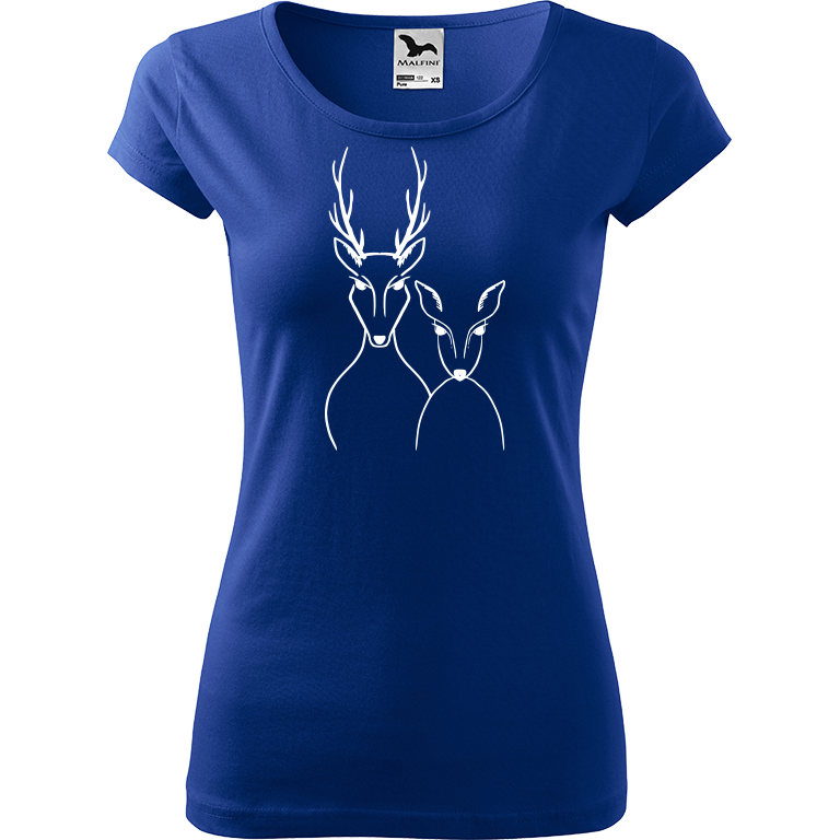 Ručně malované dámské bavlněné tričko - Srnka & Jelen Barva trička: MODRÁ, Velikost trička: S, Barva motivu: BÍLÁ