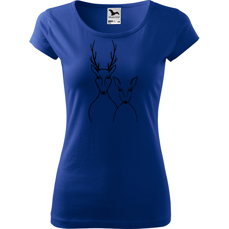 Ručně malované dámské bavlněné tričko - Srnka & Jelen Barva trička: MODRÁ, Velikost trička: XL, Barva motivu: ČERNÁ
