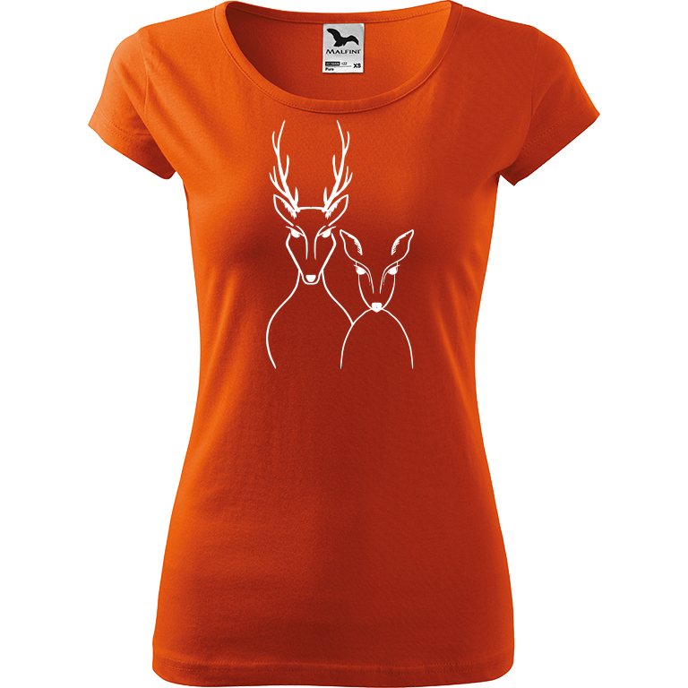 Ručně malované dámské bavlněné tričko - Srnka & Jelen Barva trička: ORANŽOVÁ, Velikost trička: L, Barva motivu: BÍLÁ