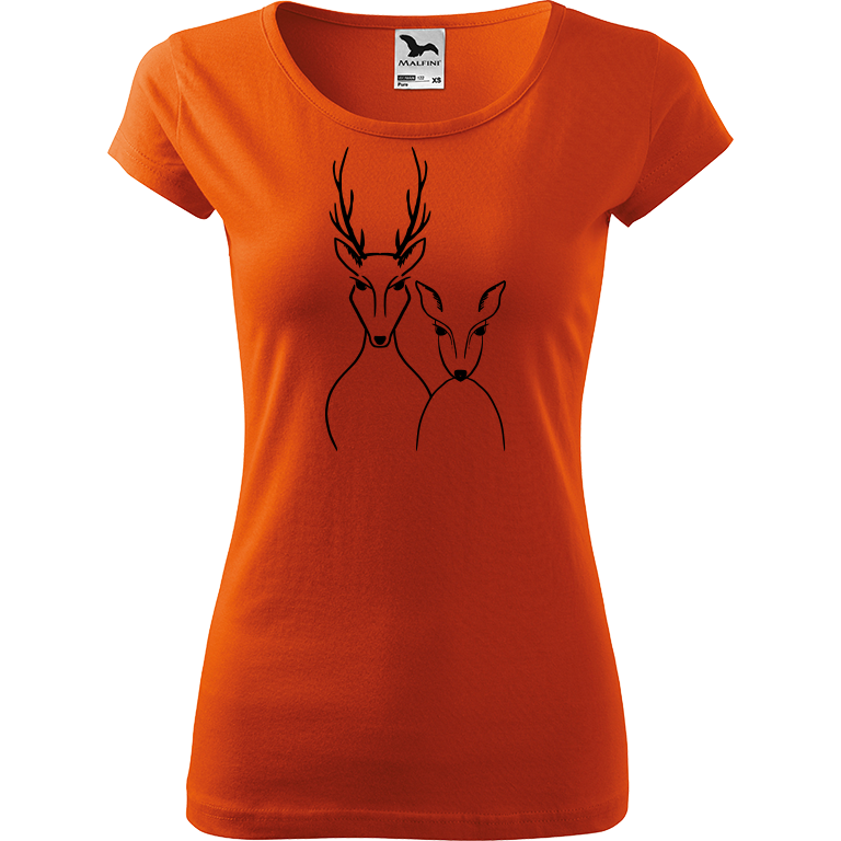 Ručně malované dámské bavlněné tričko - Srnka & Jelen Barva trička: ORANŽOVÁ, Velikost trička: S, Barva motivu: ČERNÁ