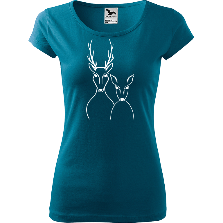 Ručně malované dámské bavlněné tričko - Srnka & Jelen Barva trička: PETROLEJOVÁ, Velikost trička: XS, Barva motivu: BÍLÁ