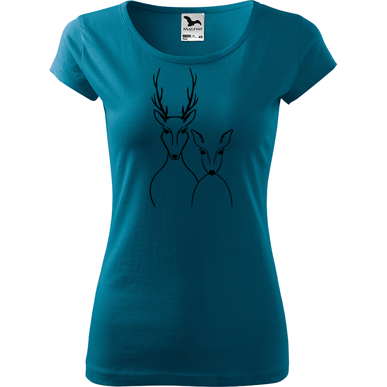 Ručně malované dámské bavlněné tričko - Srnka & Jelen Barva trička: PETROLEJOVÁ, Velikost trička: XS, Barva motivu: ČERNÁ