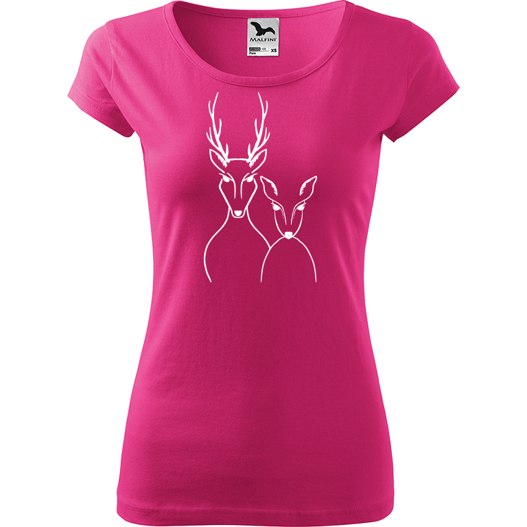 Ručně malované dámské bavlněné tričko - Srnka & Jelen Barva trička: RŮŽOVÁ, Velikost trička: XL, Barva motivu: BÍLÁ