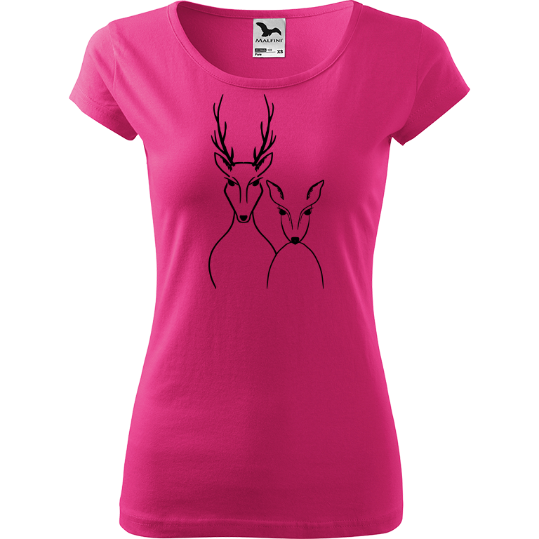 Ručně malované dámské bavlněné tričko - Srnka & Jelen Barva trička: RŮŽOVÁ, Velikost trička: XS, Barva motivu: ČERNÁ