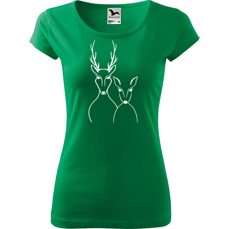 Ručně malované dámské bavlněné tričko - Srnka & Jelen Barva trička: STŘEDNĚ ZELENÁ, Velikost trička: XS, Barva motivu: BÍLÁ