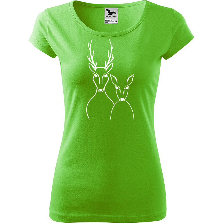 Ručně malované dámské bavlněné tričko - Srnka & Jelen Barva trička: SVĚTLE ZELENÁ, Velikost trička: L, Barva motivu: BÍLÁ