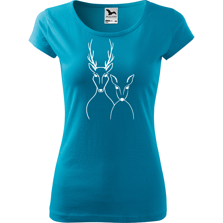 Ručně malované dámské bavlněné tričko - Srnka & Jelen Barva trička: TYRKYSOVÁ, Velikost trička: XXL, Barva motivu: BÍLÁ