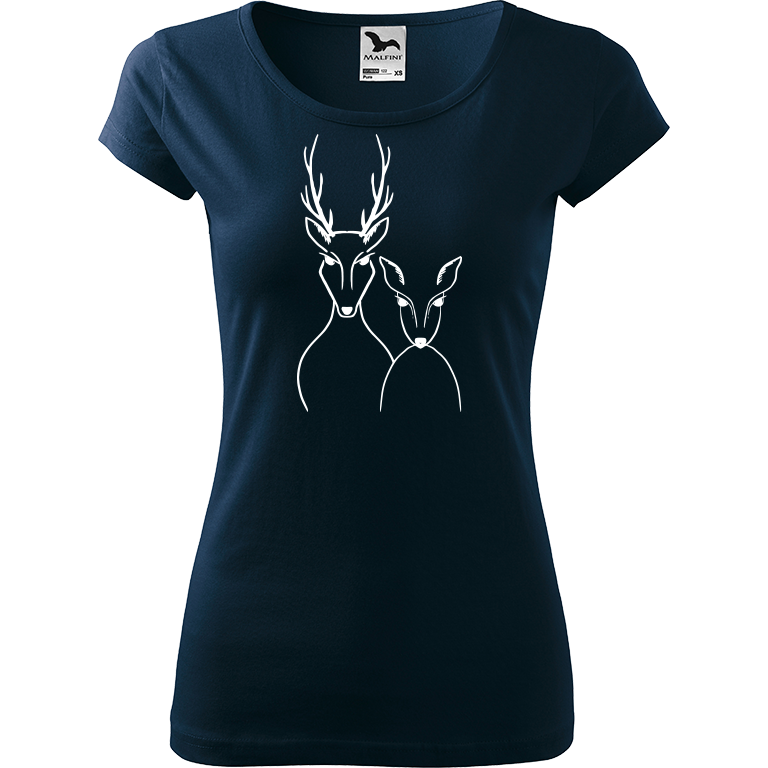 Ručně malované dámské bavlněné tričko - Srnka & Jelen Barva trička: NÁMOŘNICKÁ MODRÁ, Velikost trička: XXL, Barva motivu: BÍLÁ