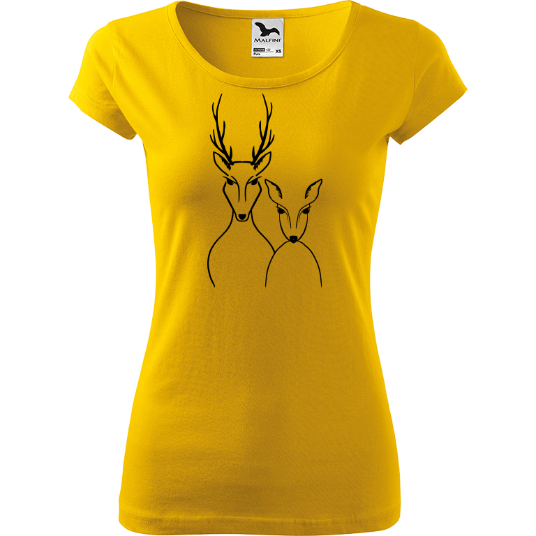 Ručně malované dámské bavlněné tričko - Srnka & Jelen Barva trička: ŽLUTÁ, Velikost trička: XL, Barva motivu: ČERNÁ