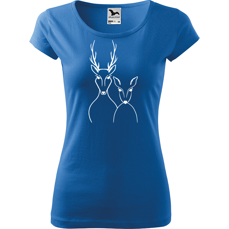 Ručně malované dámské bavlněné tričko - Srnka & Jelen Barva trička: AZUROVÁ, Velikost trička: XS, Barva motivu: BÍLÁ