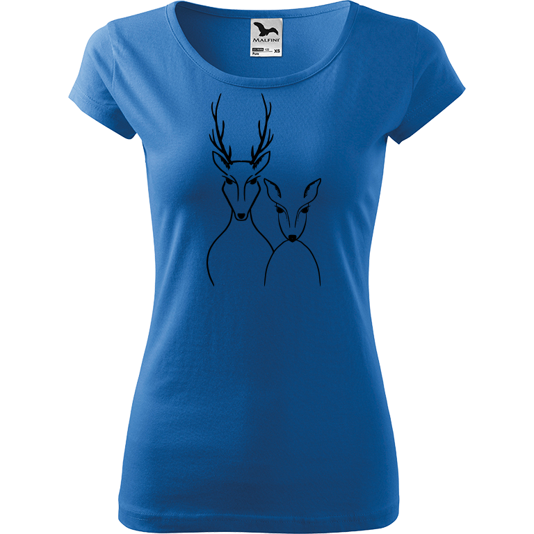 Ručně malované dámské bavlněné tričko - Srnka & Jelen Barva trička: AZUROVÁ, Velikost trička: XS, Barva motivu: ČERNÁ