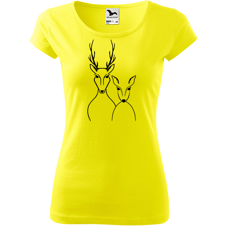 Ručně malované dámské bavlněné tričko - Srnka & Jelen Barva trička: CITRONOVÁ, Velikost trička: XS, Barva motivu: ČERNÁ