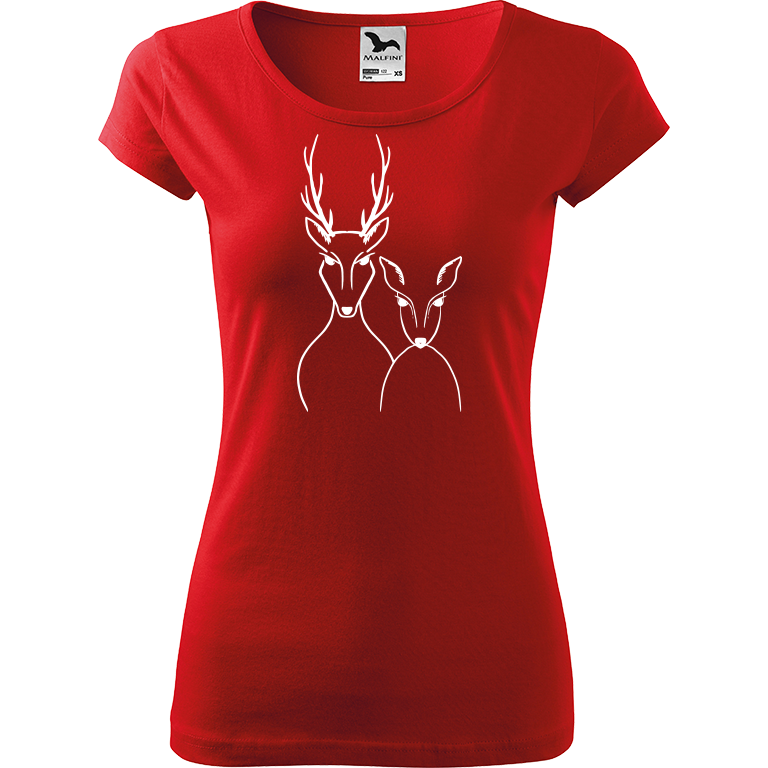 Ručně malované dámské bavlněné tričko - Srnka & Jelen Barva trička: ČERVENÁ, Velikost trička: L, Barva motivu: BÍLÁ