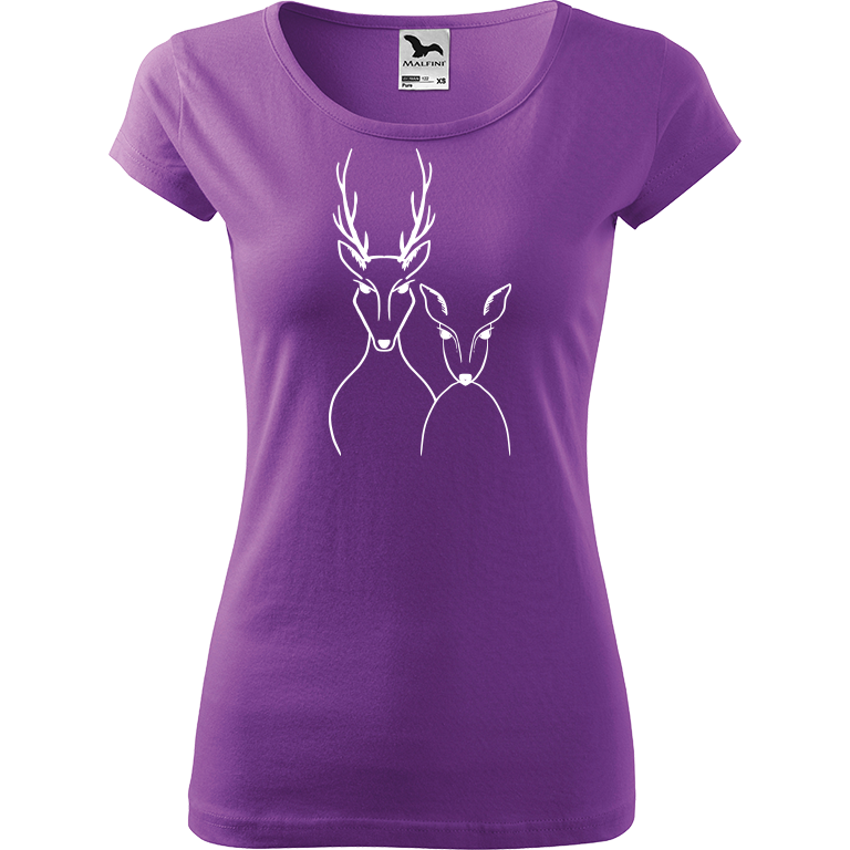Ručně malované dámské bavlněné tričko - Srnka & Jelen Barva trička: FIALOVÁ, Velikost trička: XS, Barva motivu: BÍLÁ