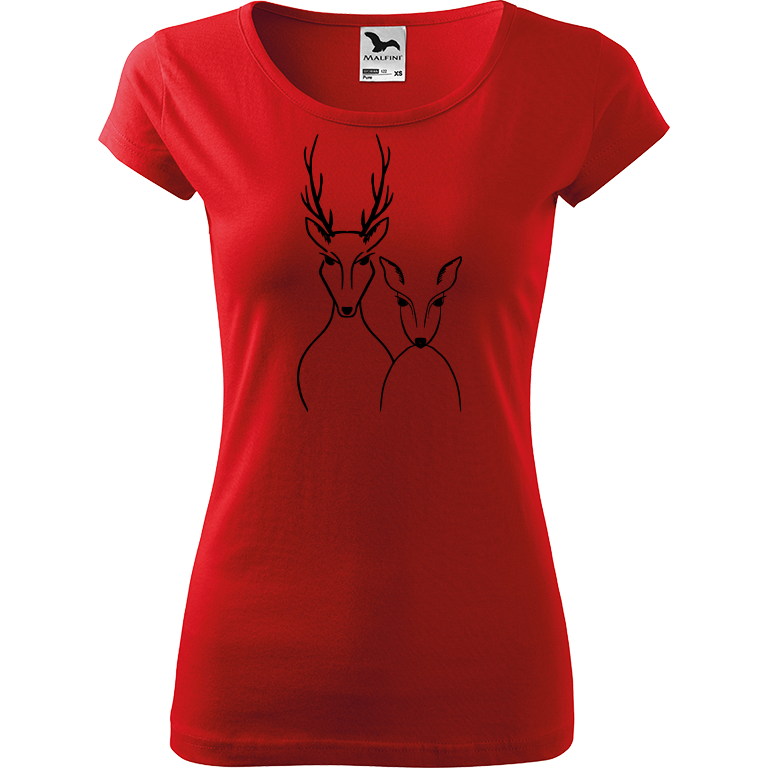 Ručně malované dámské bavlněné tričko - Srnka & Jelen Barva trička: ČERVENÁ, Velikost trička: M, Barva motivu: ČERNÁ
